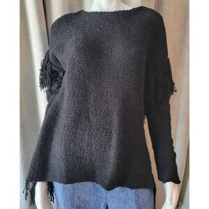 Lauren Ralph Lauren Black Long Dolman Sleeve Fringe Knit Boat Neck Sweater S/M